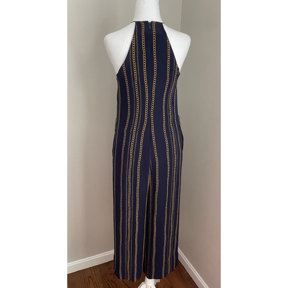 NICHOLAS US 2 Samira 100%‎ Silk Wide Leg Jumpsuit Navy Blue Gold Chain Old Money - Picture 10 of 16